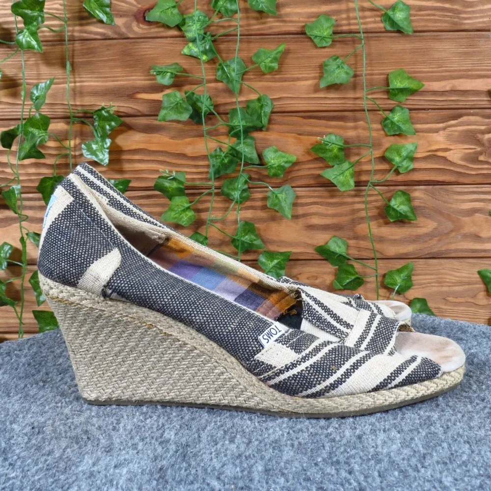 TOMS Classic Espadrille‎ Wedge Women Heel Size 10 Casual Summer Navy Blue Stripe